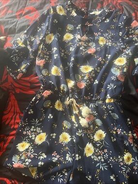 Girls Navy Floral One-Piece Romper with Drawstring